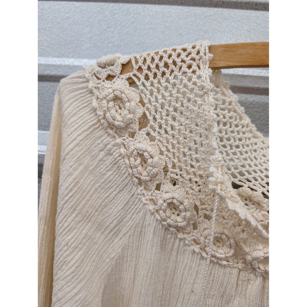 Vintage 70s Balkan Imports Cream Cotton Gauze Crochet Floral Midi Dress- S - Picture 5 of 6
